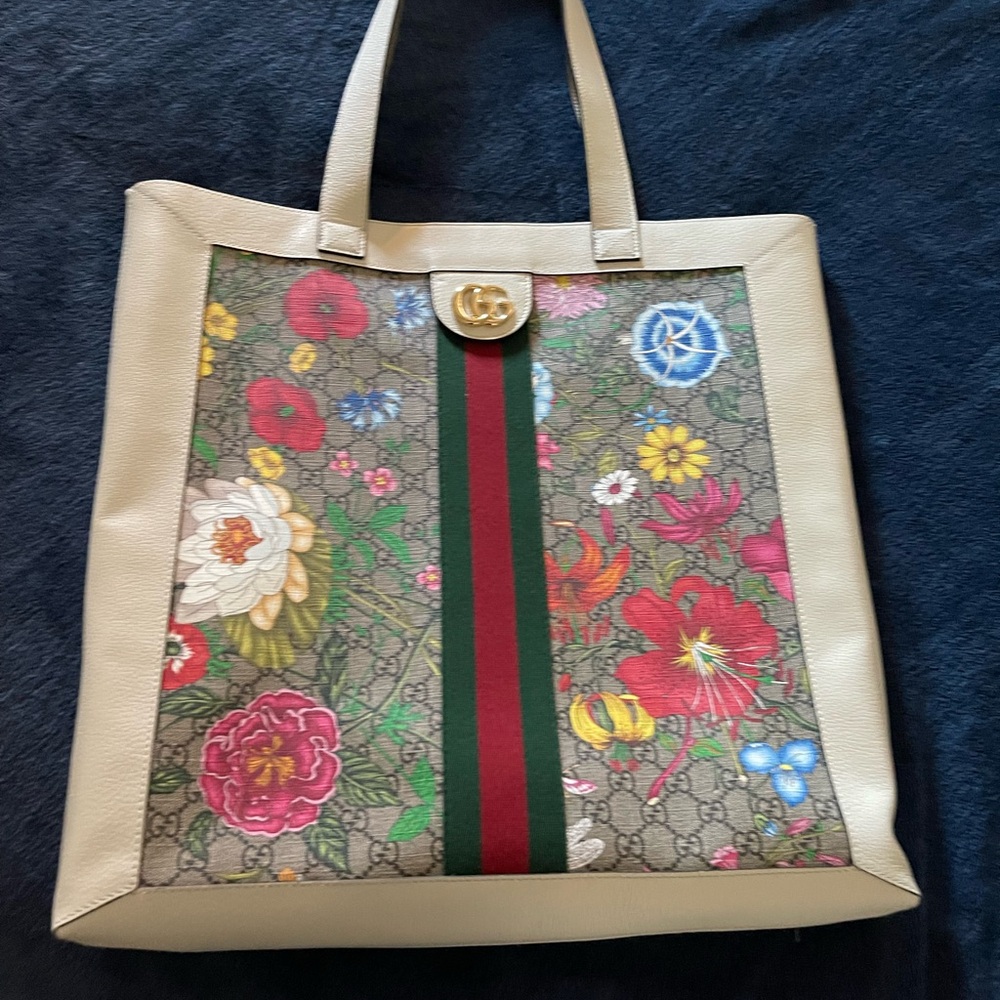 Gucci Cream Floral Tote Bag with Signature Ribbon